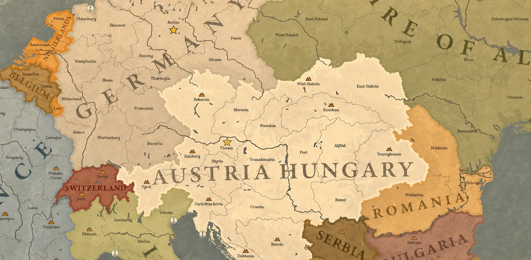 A detailed strategic map of central Europe showing Austria-Hungary and its neighbors divided into provinces.