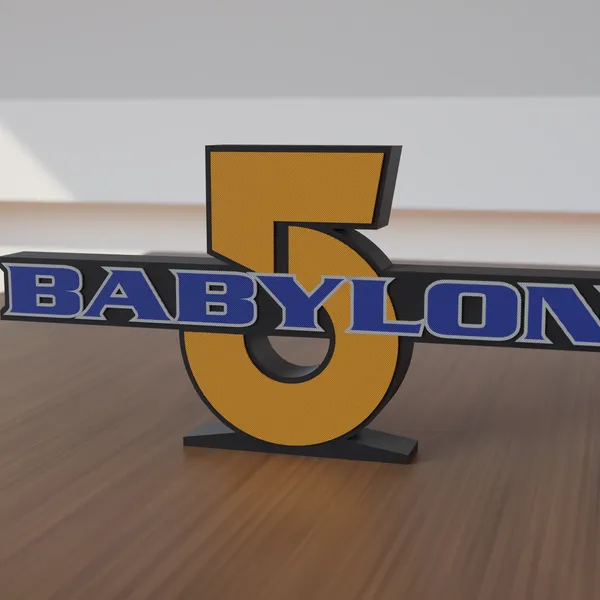 Freestanding 3D-printed logo sign, front view, 300mm size, standing on a wooden table.