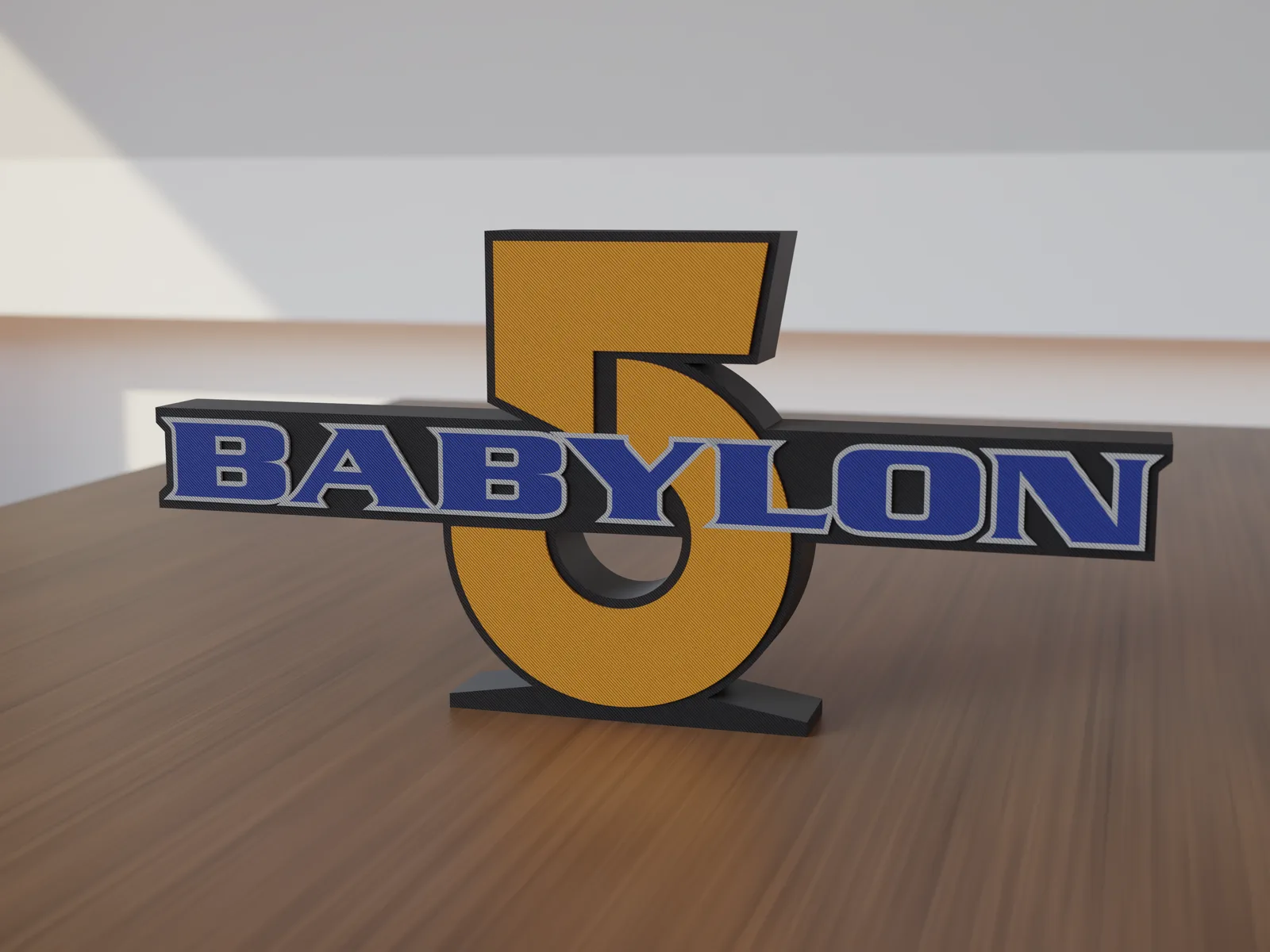 Freestanding 3D-printed logo sign, front view, 300mm size, standing on a wooden table.