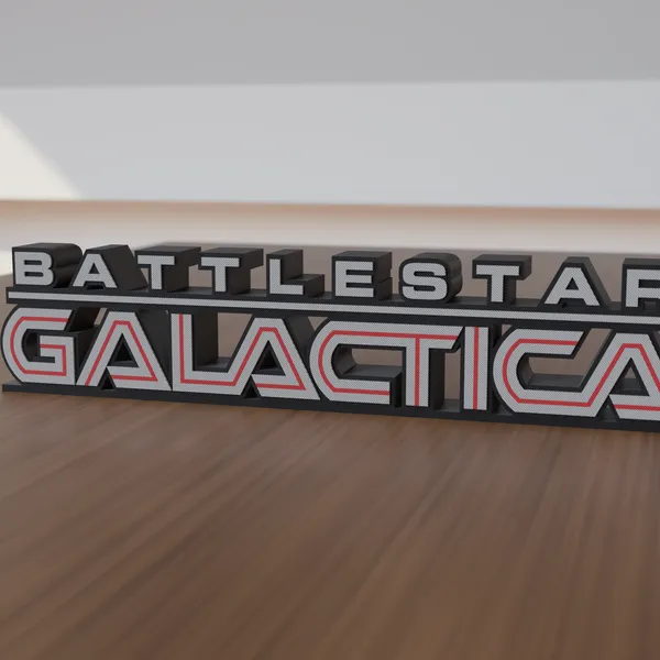 Freestanding 3D-printed logo sign, front view, 300mm size, standing on a wooden table.