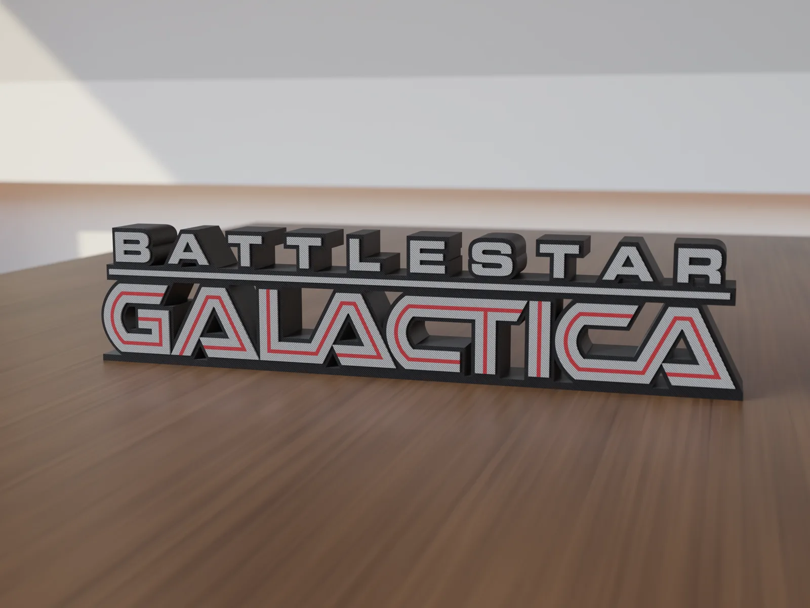 Freestanding 3D-printed logo sign, front view, 300mm size, standing on a wooden table.