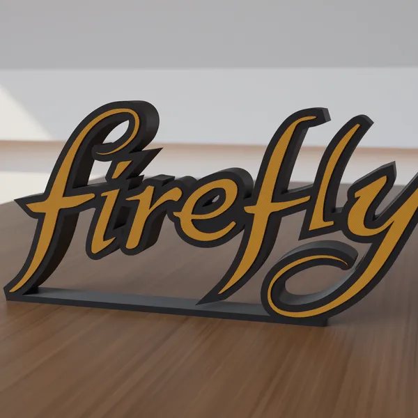 Freestanding 3D-printed logo sign, front view, 300mm size, standing on a wooden table.
