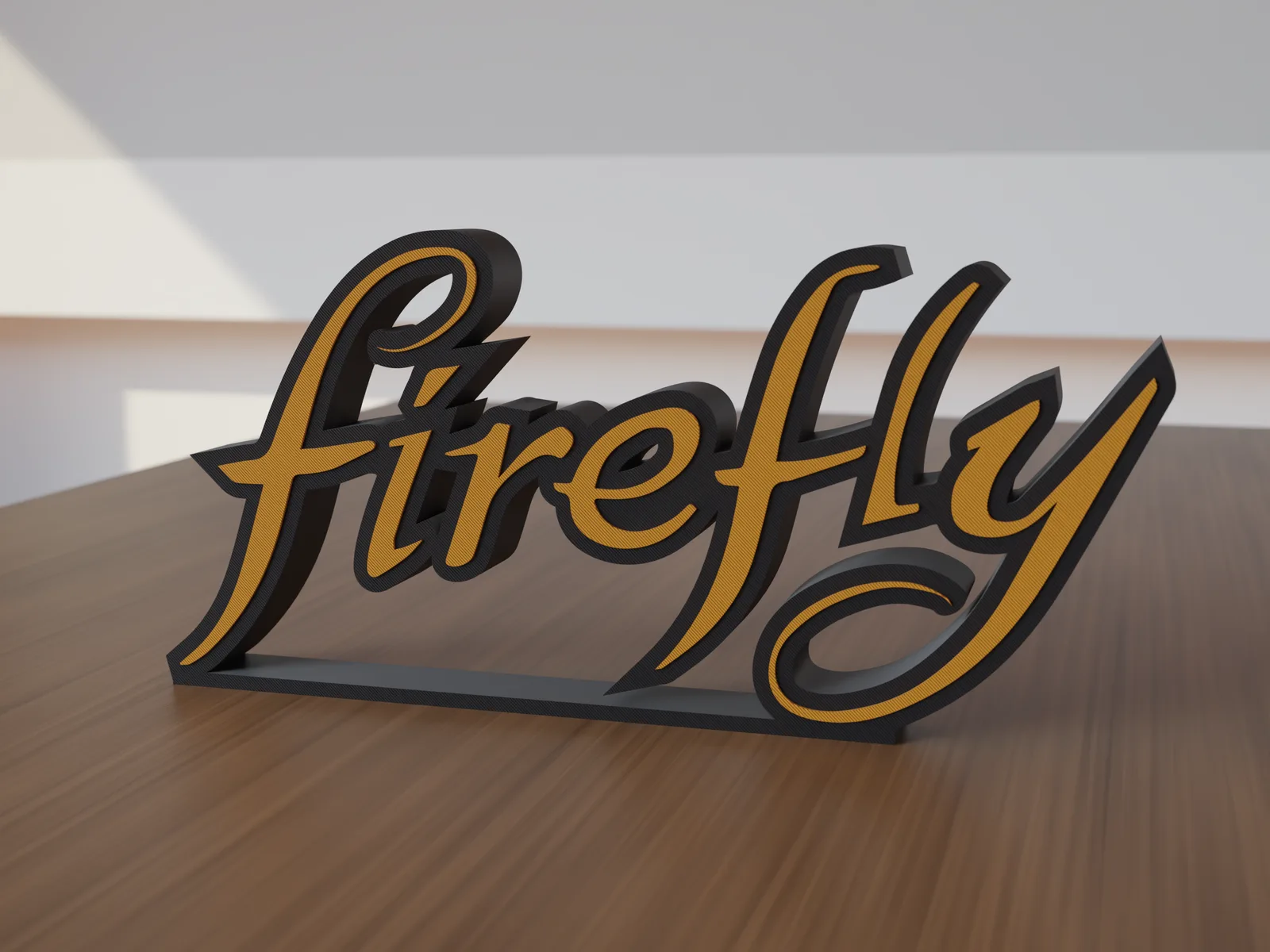 Freestanding 3D-printed logo sign, front view, 300mm size, standing on a wooden table.