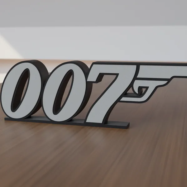 Freestanding 3D-printed logo sign, front view, 300mm size, standing on a wooden table.