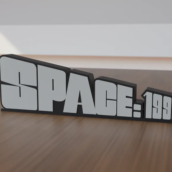 Freestanding 3D-printed logo sign, front view, 300mm size, standing on a wooden table.
