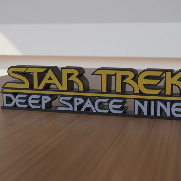 Freestanding 3D-printed logo sign, front view, 300mm size, standing on a wooden table.