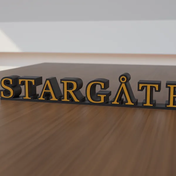 Freestanding 3D-printed logo sign, front view, 300mm size, standing on a wooden table.