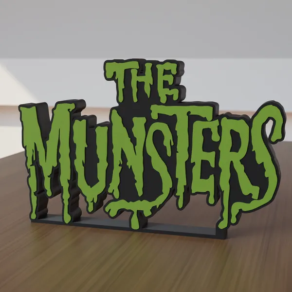 Freestanding 3D-printed logo sign, front view, 300mm size, standing on a wooden table.