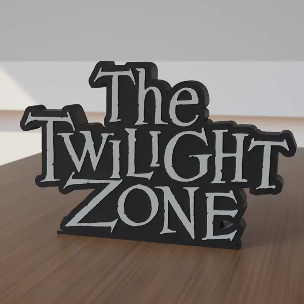 Freestanding 3D-printed logo sign, front view, 300mm size, standing on a wooden table.