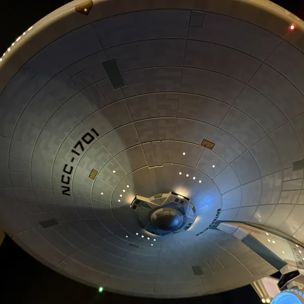 The underside of the saucer lit by the spotlights, throwing light across the registry markings.